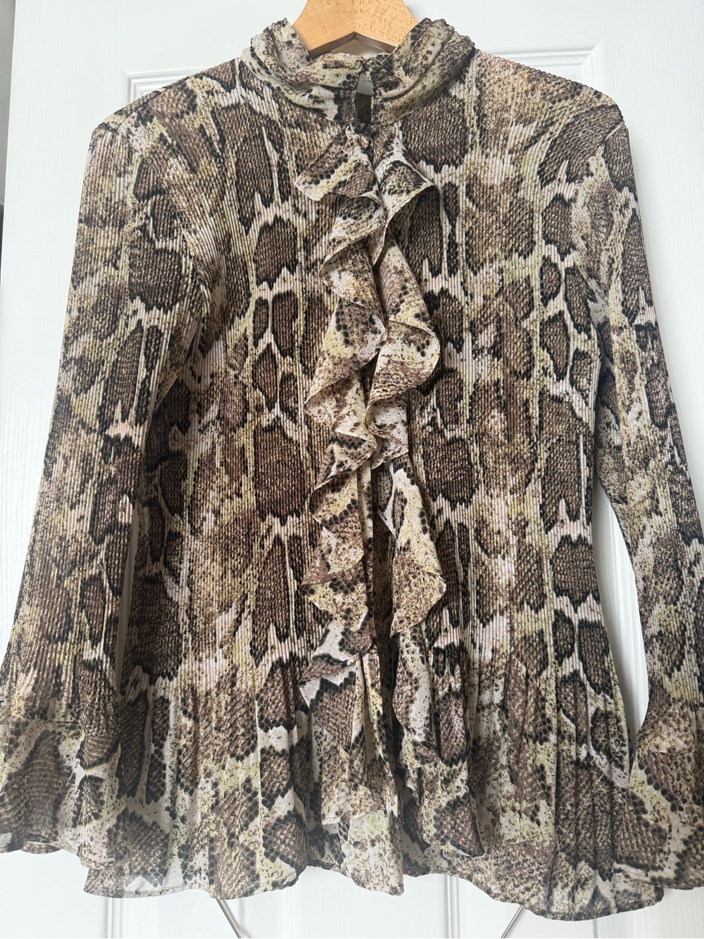 Snake-Print Ruffle Front Blouse in Brown and Cream